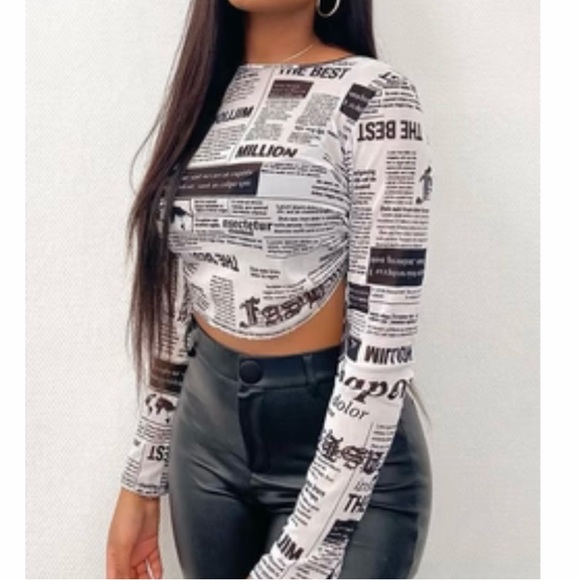 Fashion Nova Tops - Fashion Nova Black and White Newspaper Print Long Sleeve Crop Top